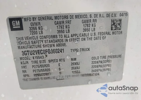 2015 GMC Sierra 1500 Slt from USA, damaged, VIN 3GTU2VEC0FG360241